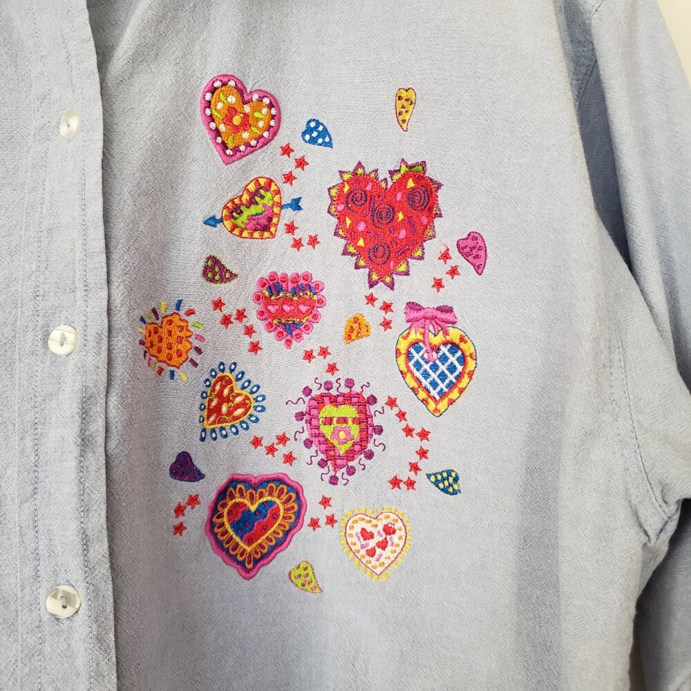 Casey Coleman Size L 100% Cotton Embroidered Hearts Denim Button Down Shirt - Picture 4 of 13
